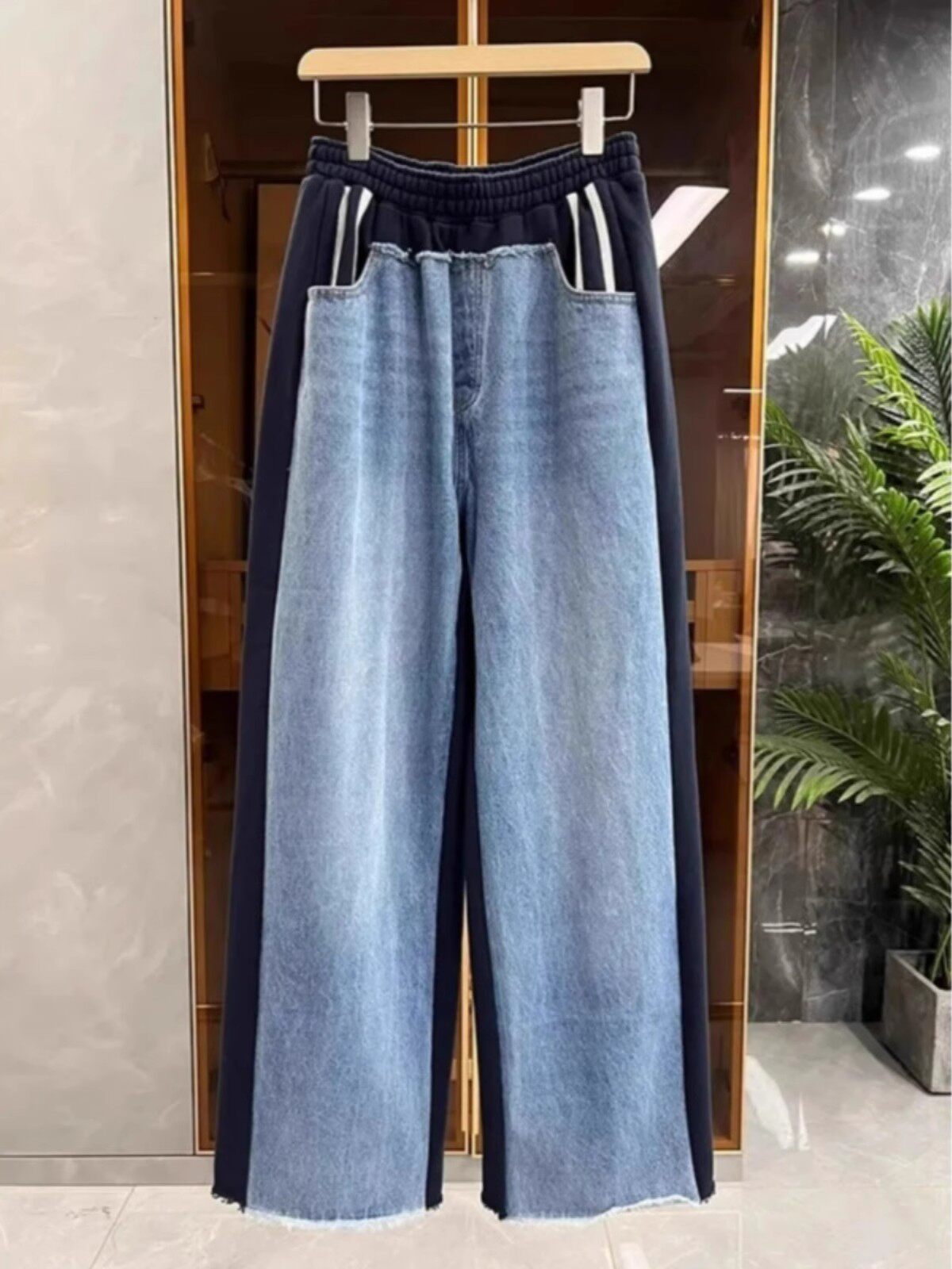 미국 패션 브랜드 하이 스트리트 중공업 여성용 신축성 있는 허리 로우 엣지 데님 스웨트 팬츠 2024 가을 새로운 캐주얼 와이드 레그 팬츠
