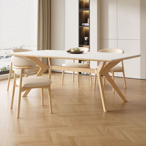 奶油风实木岩板餐桌椅组合现代简约家用长方形小户型桌子原木饭桌