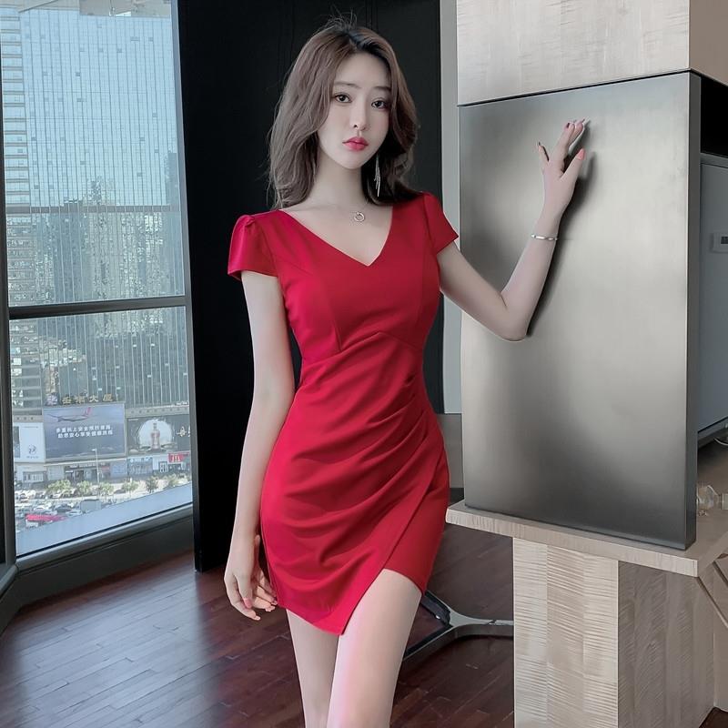 夜 店女装性感连衣裙女V领低胸气质女人味收腰显瘦开叉包臀短裙