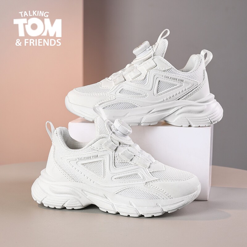汤姆猫儿童小白鞋春秋新款网面透气旋转纽扣男童白色运动鞋女童鞋