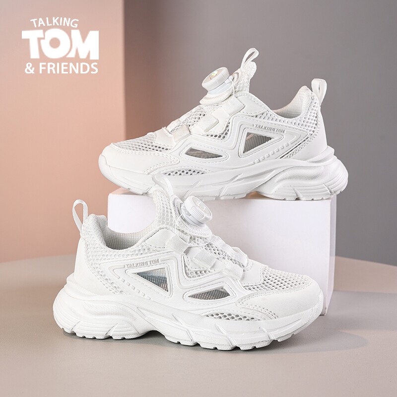 汤姆猫儿童小白鞋夏季新款单网透气男童白色运动鞋旋转纽扣女童鞋