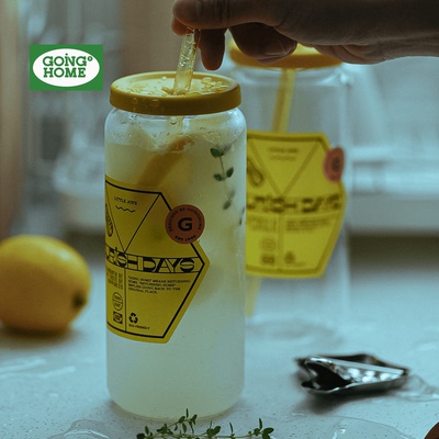 果汁杯玻璃吸管杯水杯女新款2025高颜值带盖耐高温易拉罐玻璃杯子
