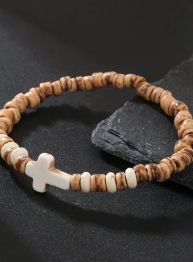 Cross Bracelet for Men椰壳木片松石十字架手链男嘻哈木头手环