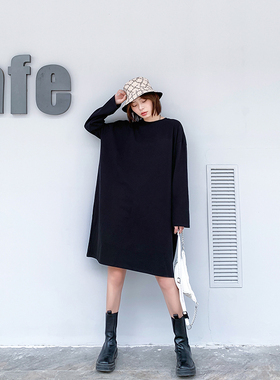 韩版春秋长袖t恤女中长款宽松过膝纯棉连衣裙大码慵懒风懒人大T裙