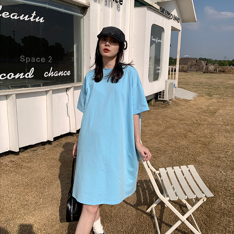 蓝色短袖大版t恤女夏慵懒风宽松