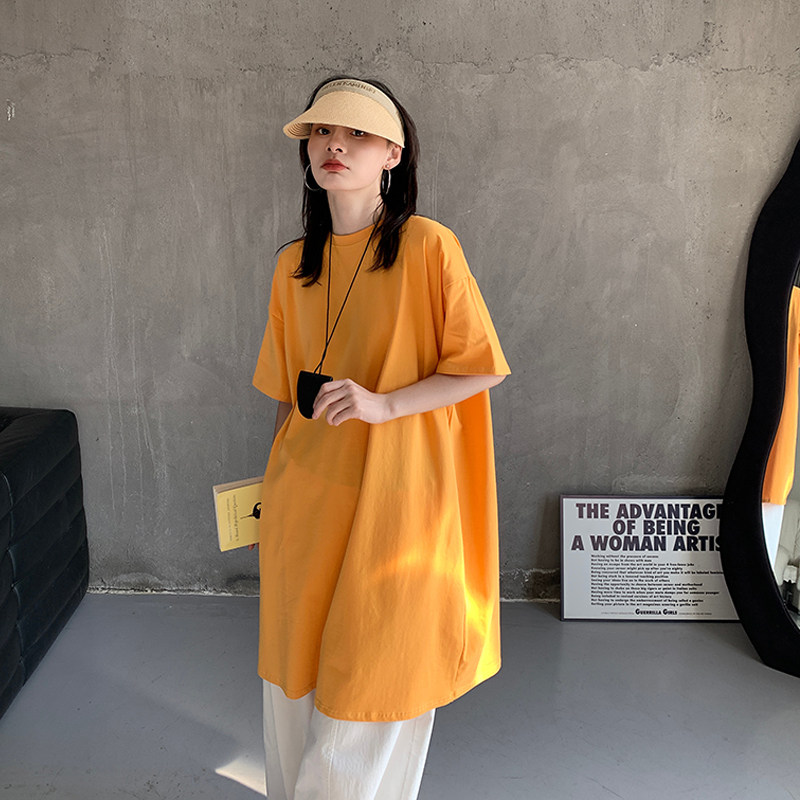 长款短袖T恤女春夏纯棉大码彩色