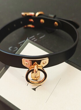 Puppy圆环T型choker女黑色m定制刻字K8K9金属链牵引真皮项圈