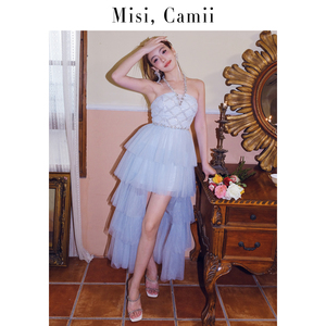 Misi.Camii早秋新款上市女士时尚名媛风钻饰钉珠挂脖礼服裙连衣裙