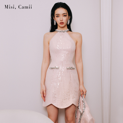 Misi.Camii珠片织带削肩连衣裙