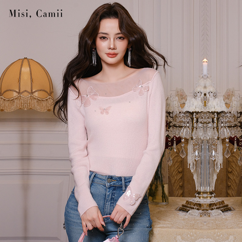 Misi.Camii亮片蝴蝶网纱羊毛衫