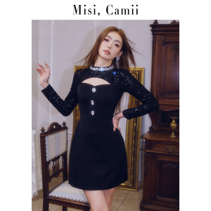 Misi.Camii早秋新款上市时尚名媛女士钻饰珠片拼接长袖礼服连衣裙