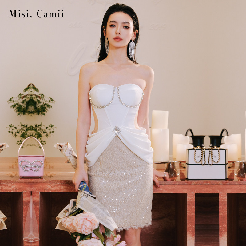 Misi.Camii2024秋冬新款女装钻饰抹胸丝绒拼接礼服名媛时尚连衣裙