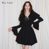 名媛风性感时尚 Misi.Camii2025秋冬新款 女装 烫钻蝴蝶结V领连衣裙