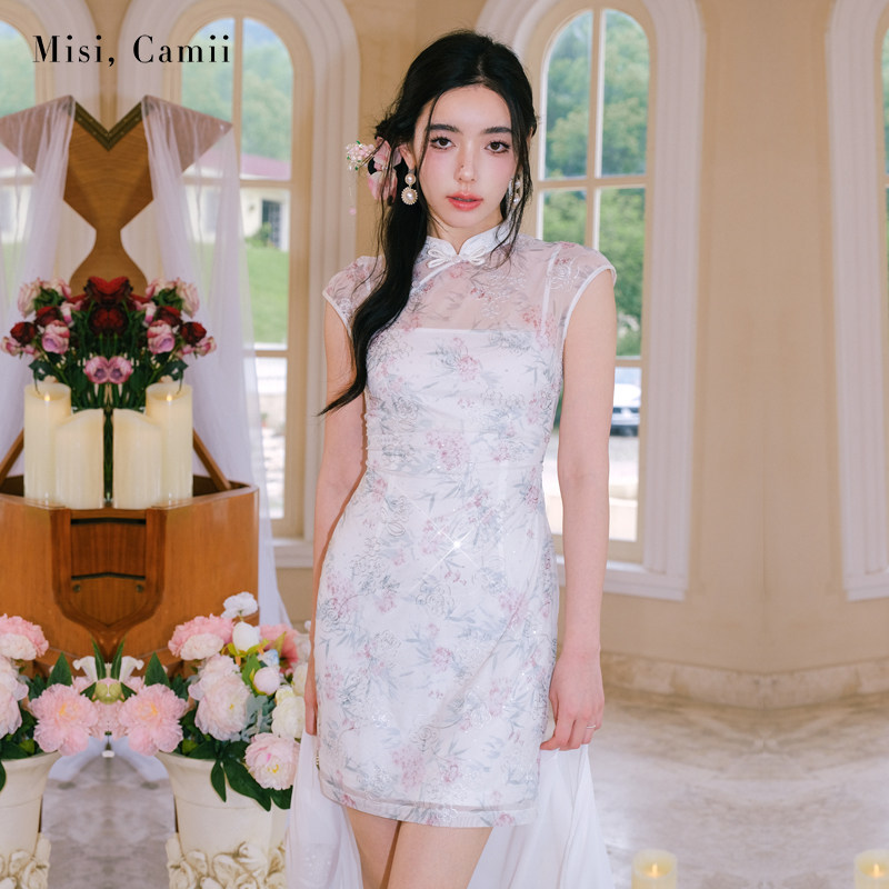 Misi.Camii2024夏季新款中式旗袍印花收腰小飞袖连衣裙