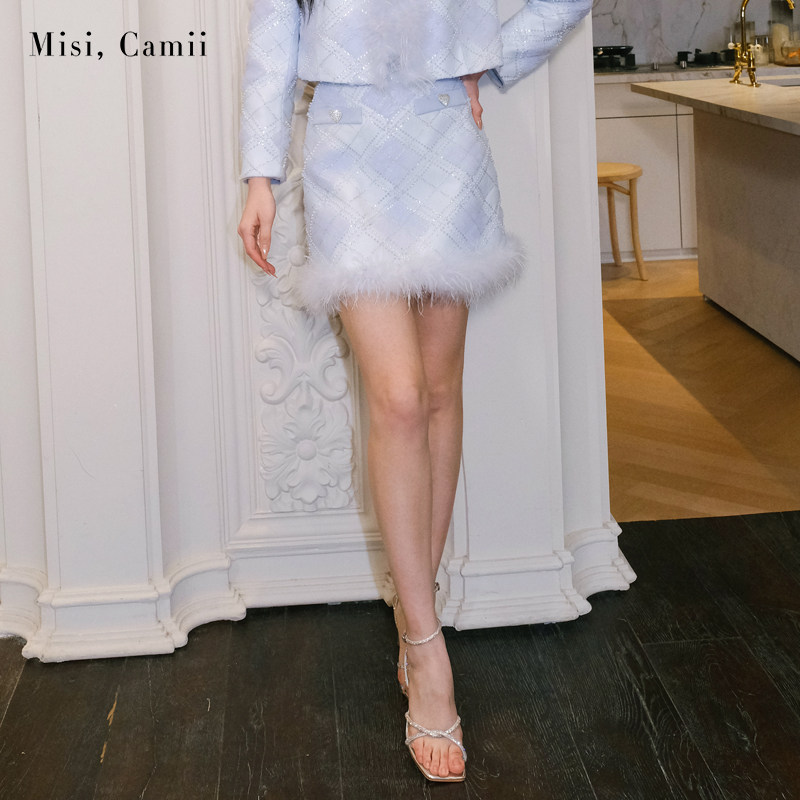 Misi.Camii2024早春新款女士羽毛摆绣花钉珠短款半身裙时尚百搭
