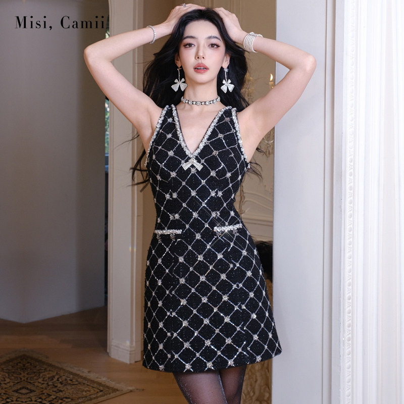 Misi.Camii削肩V领花呢连衣裙