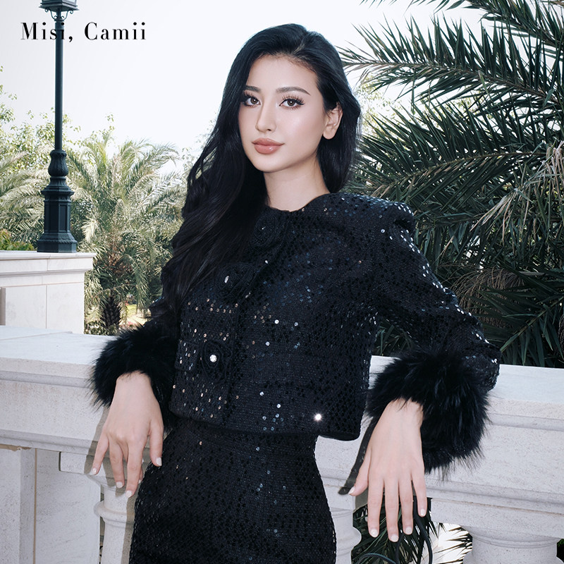 Misi.Camii亮片毛毛袖花呢外套