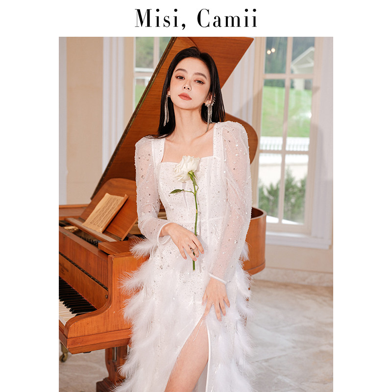 Misi.Camii重工钉珠羽毛开衩高端轻奢小众气质收腰礼服长款连衣裙
