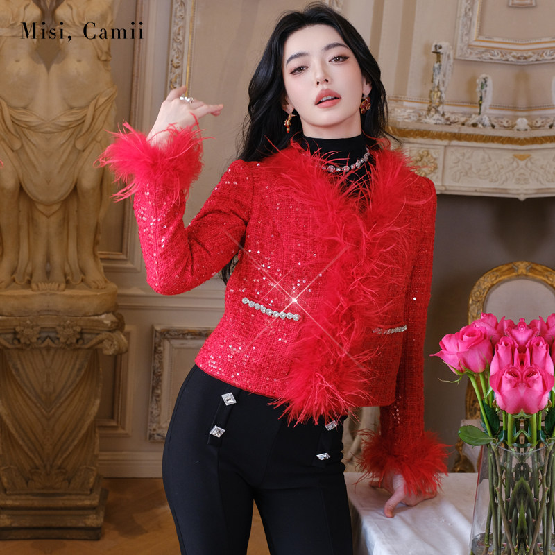 Misi.Camii羽毛边绣亮片花呢外套