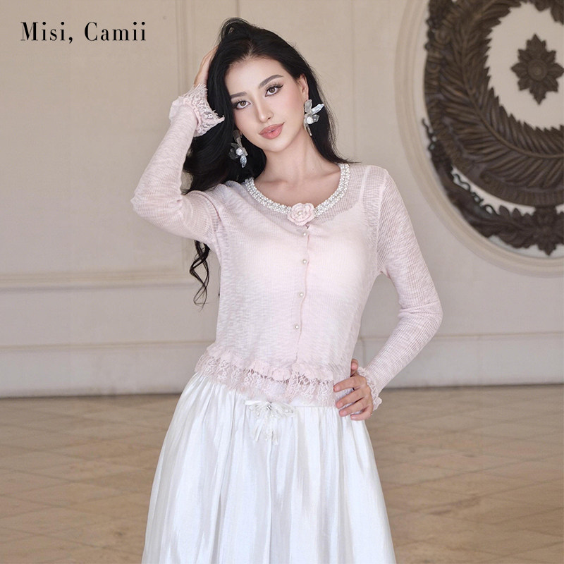 Misi.Camii2026早秋新款女装钉珠领蕾丝花边针织衫百搭小众设计感