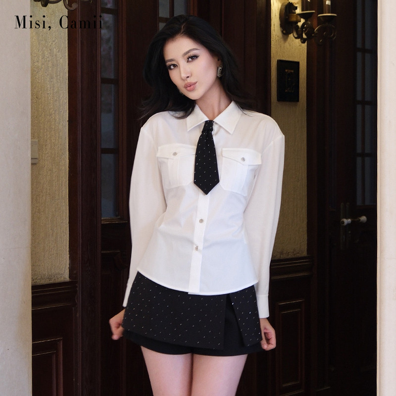 Misi.Camii烫钻领带廓形绑带衬衫
