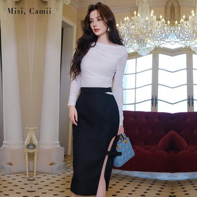 Misi.Camii烫银弹力修身斜褶上衣