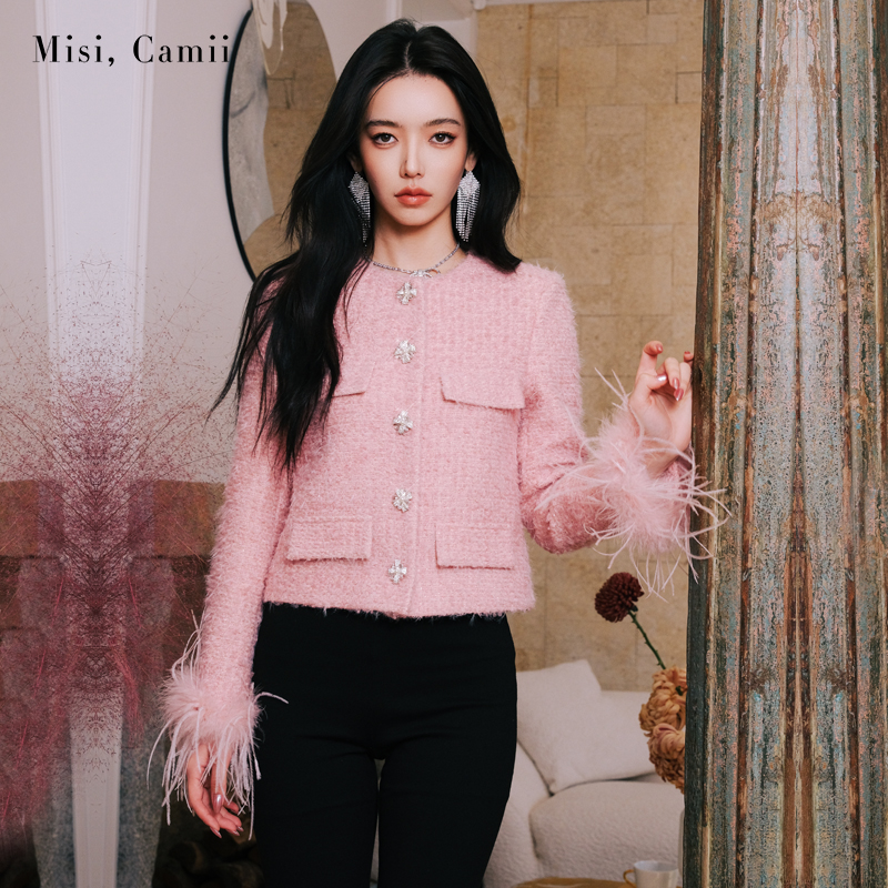 钻扣羽毛袖花呢外套