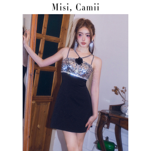 Misi.Camii早秋新款名媛风时尚女士仙气珠片拼接吊带小礼服连衣裙