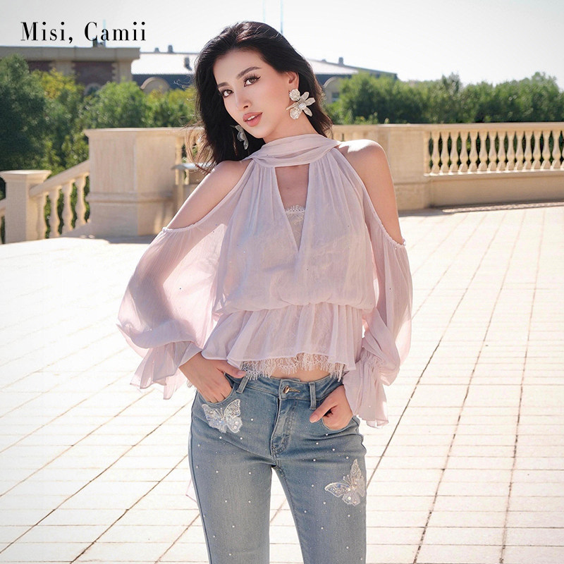 Misi.Camii烫粉蕾丝底露肩袖上衣