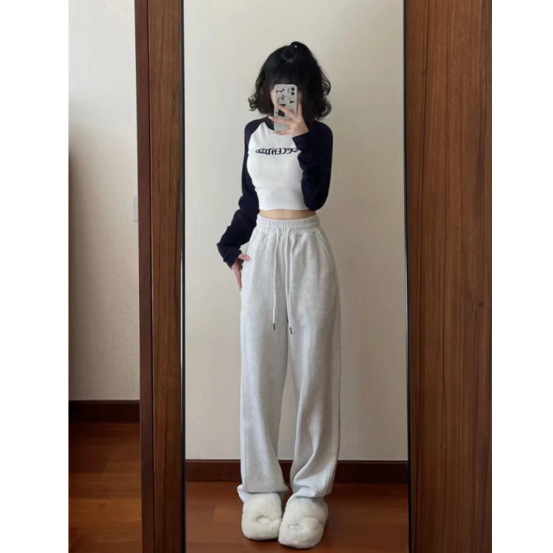 美式复古运动裤女浅灰色高腰显瘦宽松阔腿直筒高街潮牌休闲卫裤子