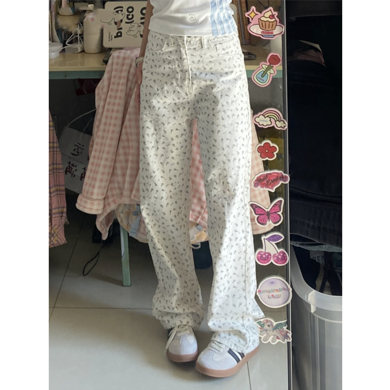 复古米白色碎花宽松阔腿牛仔裤女春夏季薄款高腰显瘦宽松直筒长裤