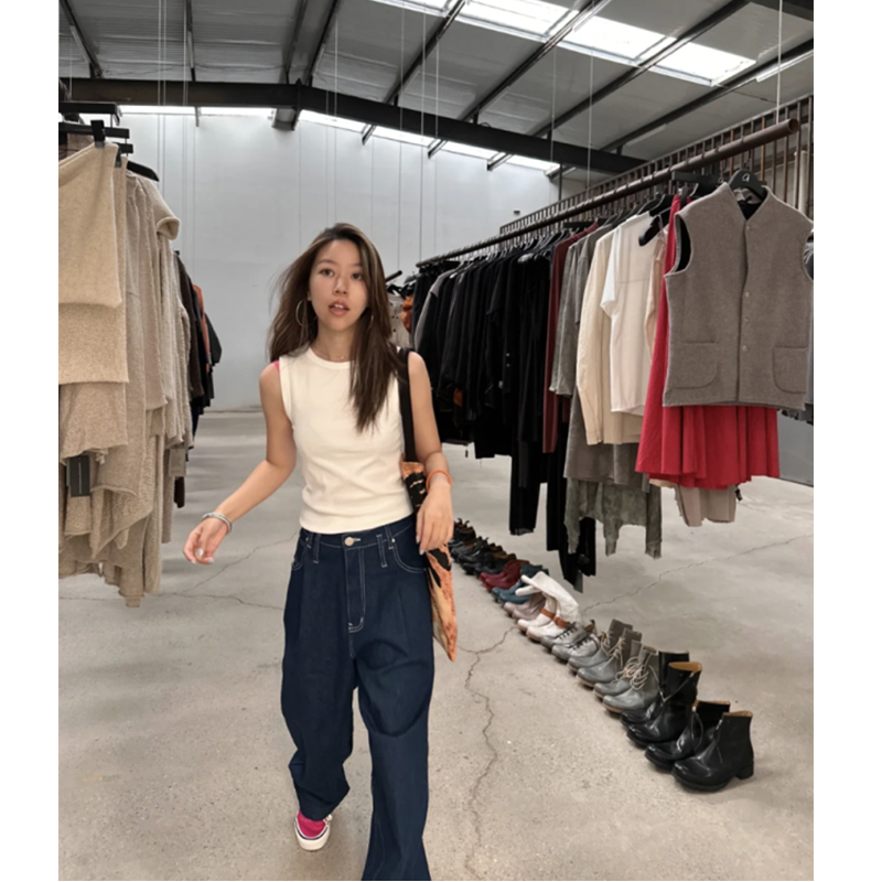 秋冬复古港风深蓝色牛仔裤女春秋中低腰显瘦宽松阔腿直筒高个子裤