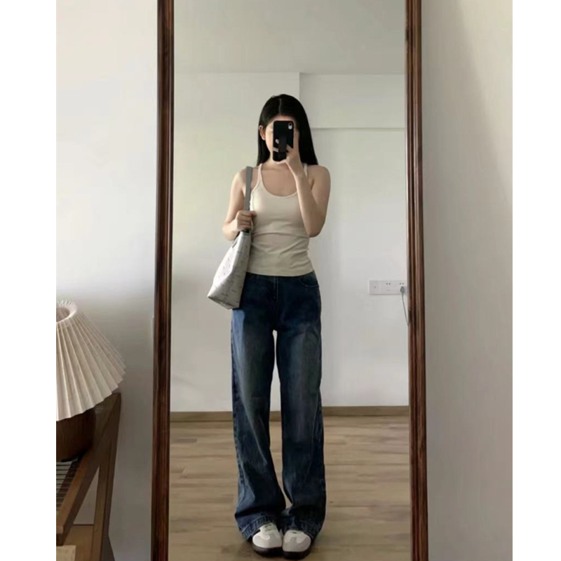 高腰宽松深蓝色直筒牛仔裤微胖女生显瘦休闲穿搭阔腿美式复古裤子