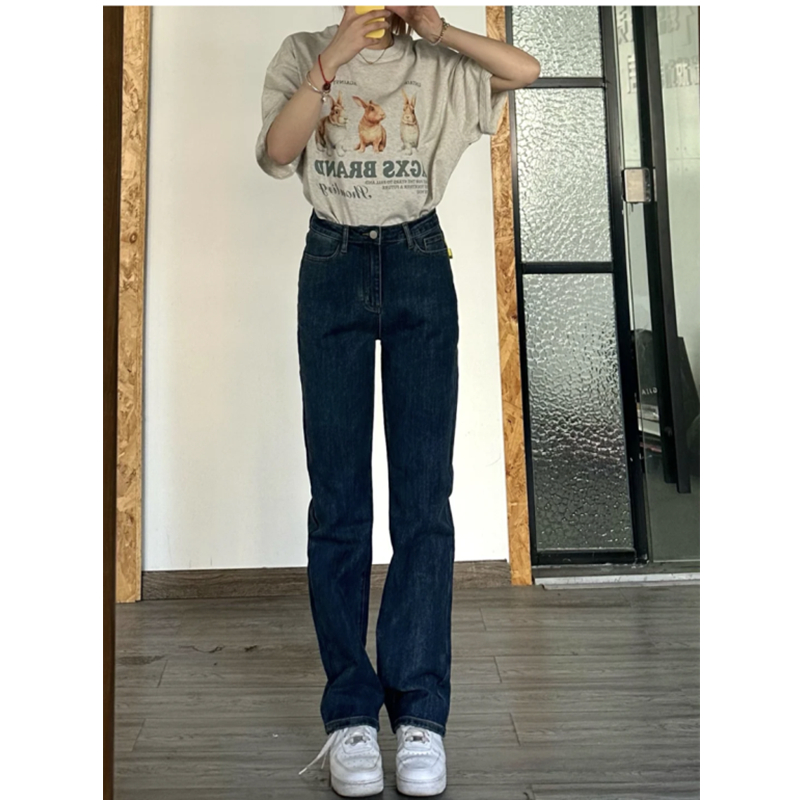 法棍直筒牛仔裤女春秋季高个子深蓝色高腰显瘦宽松窄版加长烟管裤