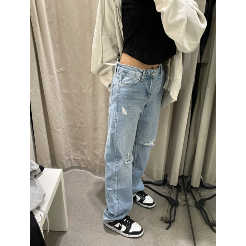 2025年夏季新款膝盖破洞牛仔裤女蓝色高腰显瘦宽松直筒堆堆乞丐裤