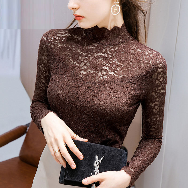 叶皙半高领蕾丝打底衫女秋冬女装2021新款内搭长袖镂空雷丝上衣