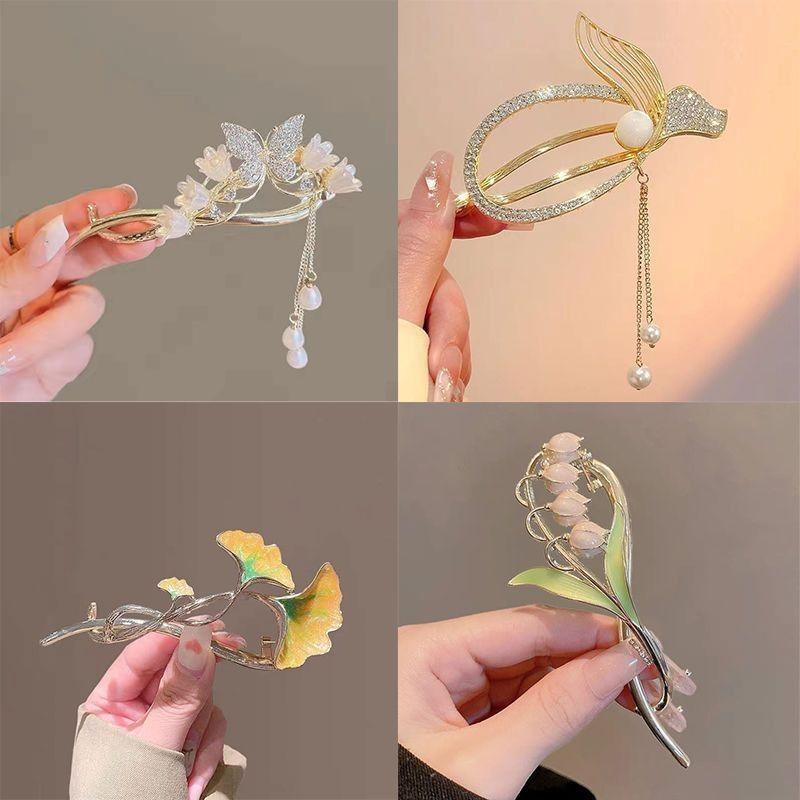 森系银杏叶发夹后脑勺一字抓夹女气质设计感发卡古风鲨鱼夹子头饰