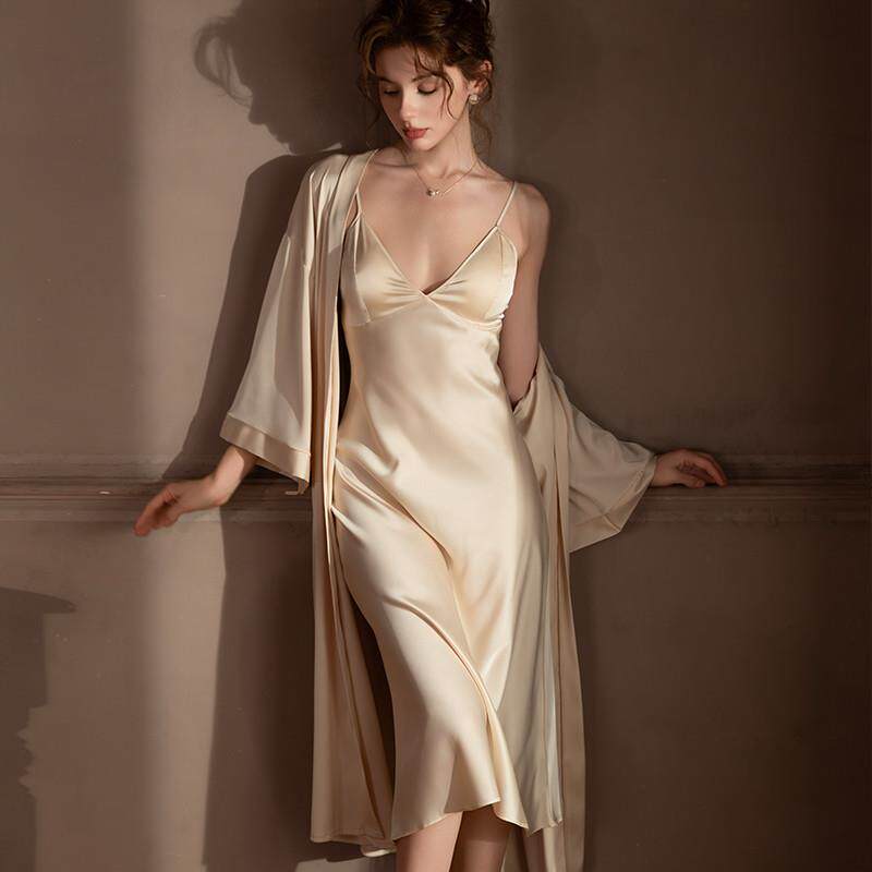 真丝性感睡衣新款两件套装中长款带胸垫吊带睡裙睡袍家居服春夏女