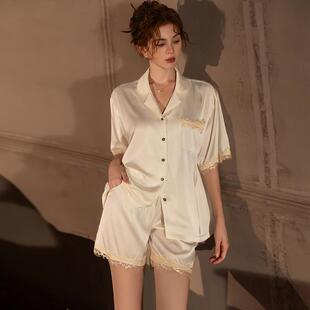 女士夏季 蕾丝花边真丝衬衫 睡衣套装 短裤 可外穿家居服 短袖