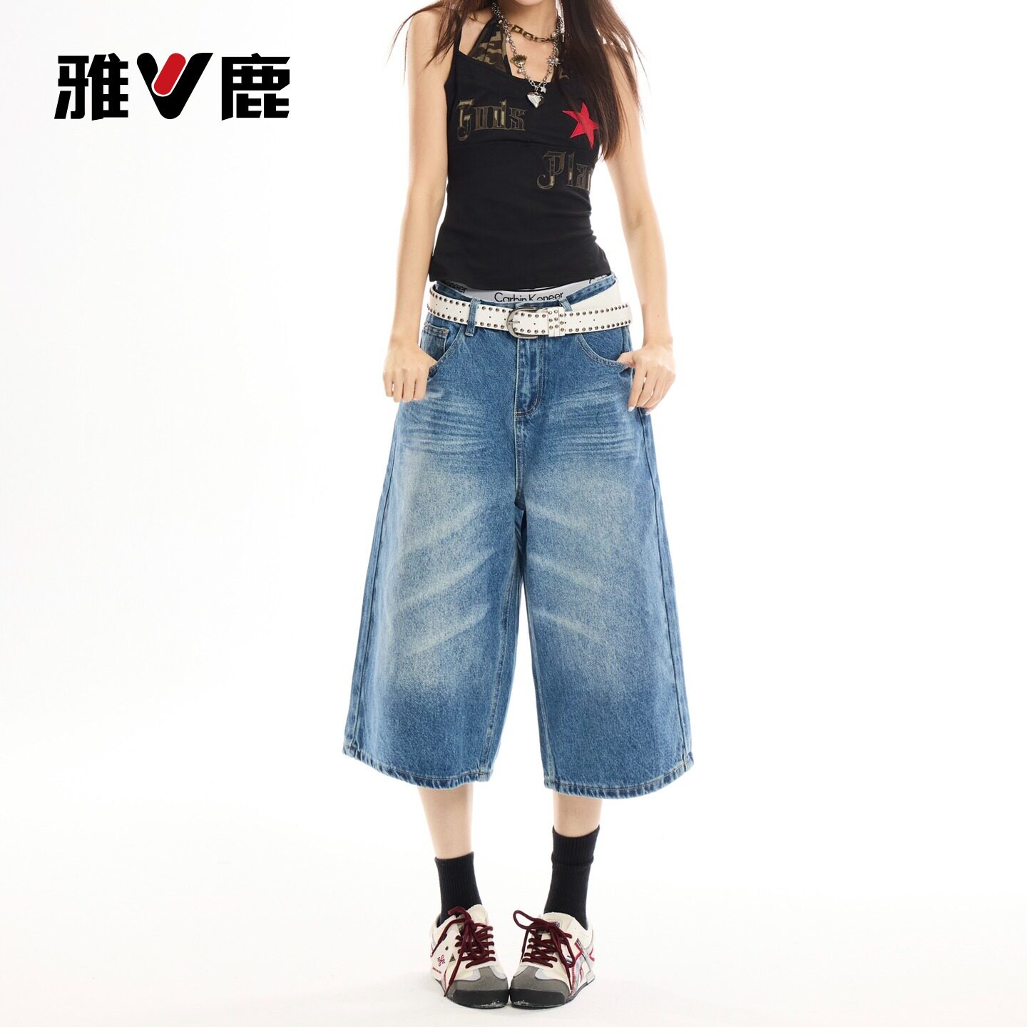 雅鹿复古猫须七分牛仔裤女2026新款夏季小个子高腰a字阔腿中裤Y