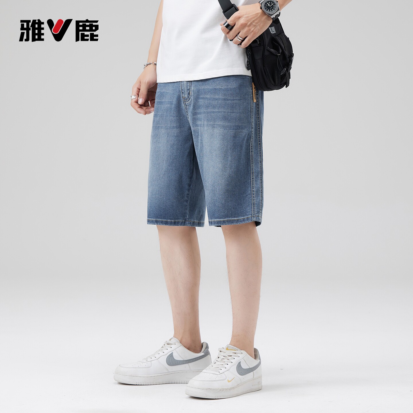雅鹿宽松直筒潮牌牛仔五分裤男士图片