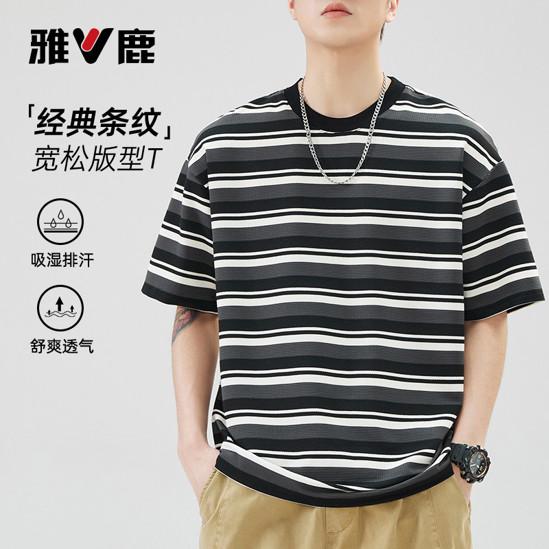 雅鹿复古条纹t恤男士短袖图片