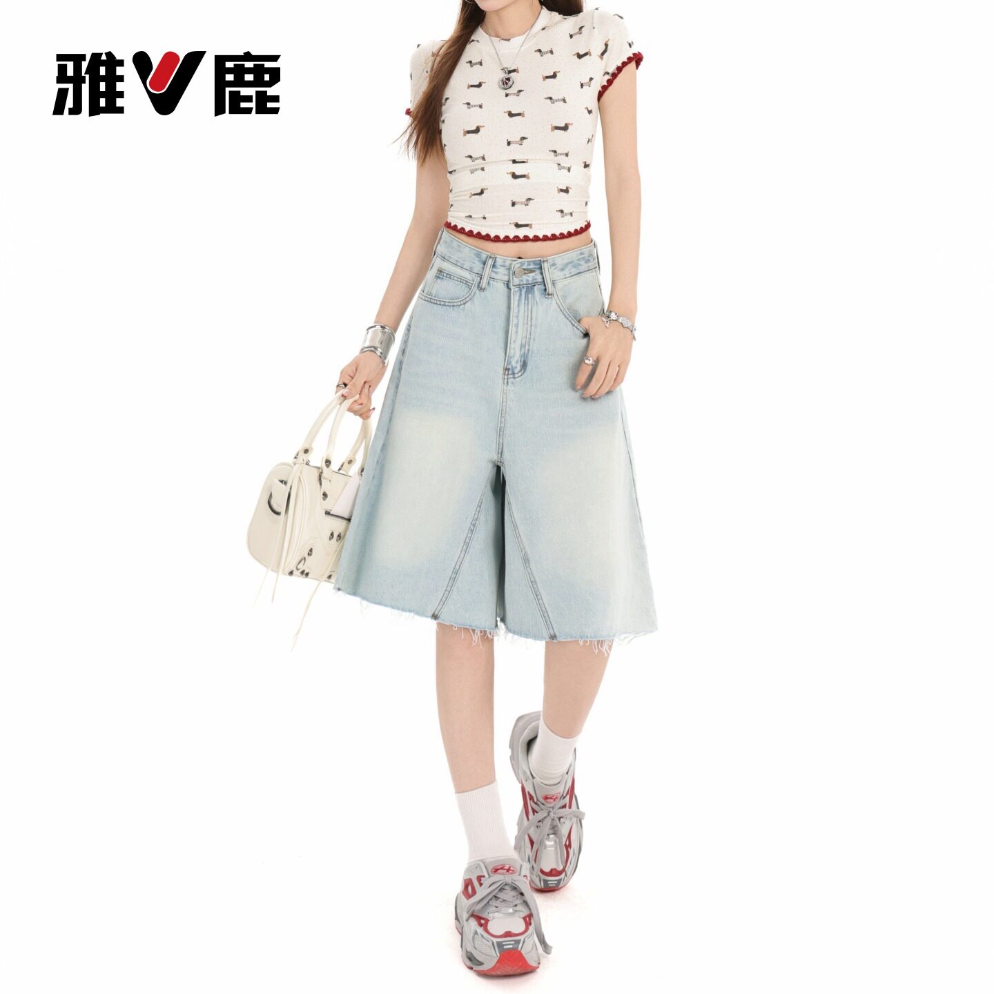 雅鹿美式牛仔七分裤女2026新款夏季水洗做旧宽松百搭浅色中裤子Y