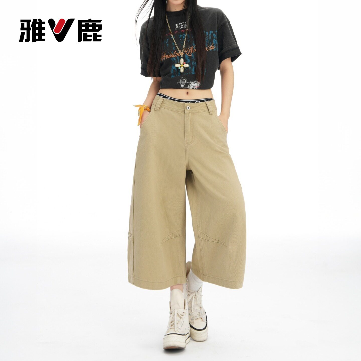 雅鹿卡其色阔腿七分牛仔裤女2026新款夏季高腰遮胯a字直筒中裤Y