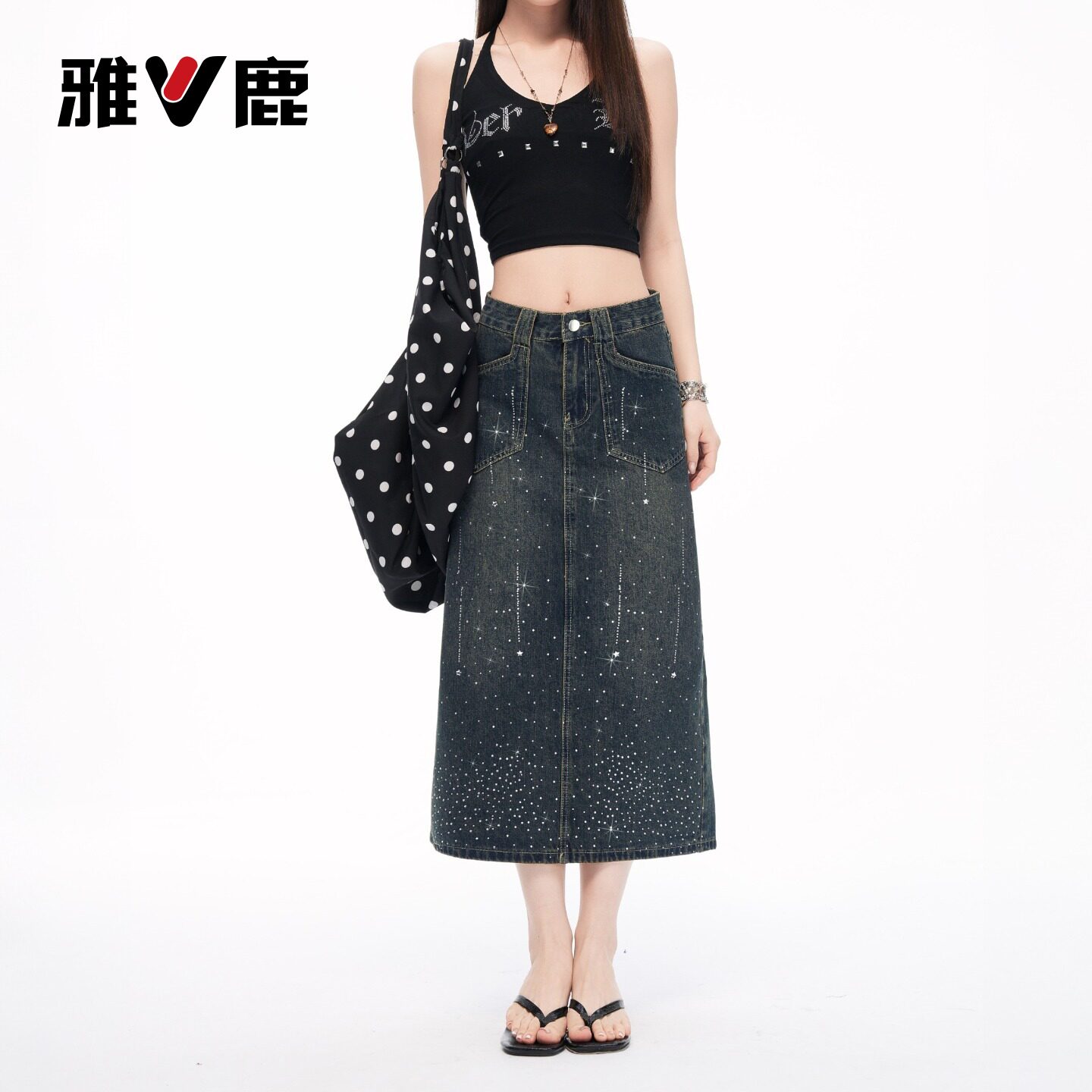 雅鹿复古牛仔半身裙女2026新款夏季高腰开叉a字烫钻包臀中长裙Y