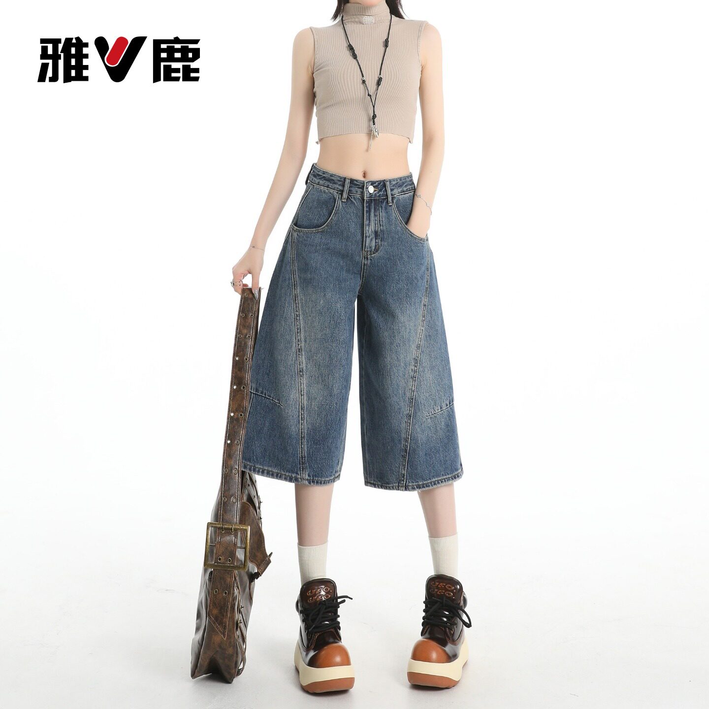 雅鹿美式复古七分牛仔裤女2026新款夏季巨好看的高腰阔腿中裤子Y