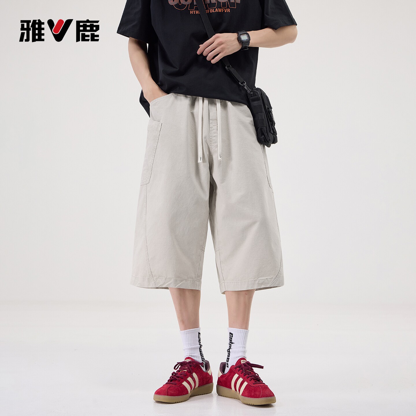 雅鹿夏季新款宽松直筒男装休闲七分裤时尚潮流帅气阔腿短裤字男YM