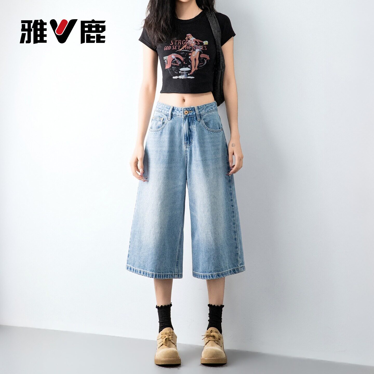 雅鹿浅色阔腿七分牛仔裤女2026新款夏季高腰宽松显瘦a字中裤子Y