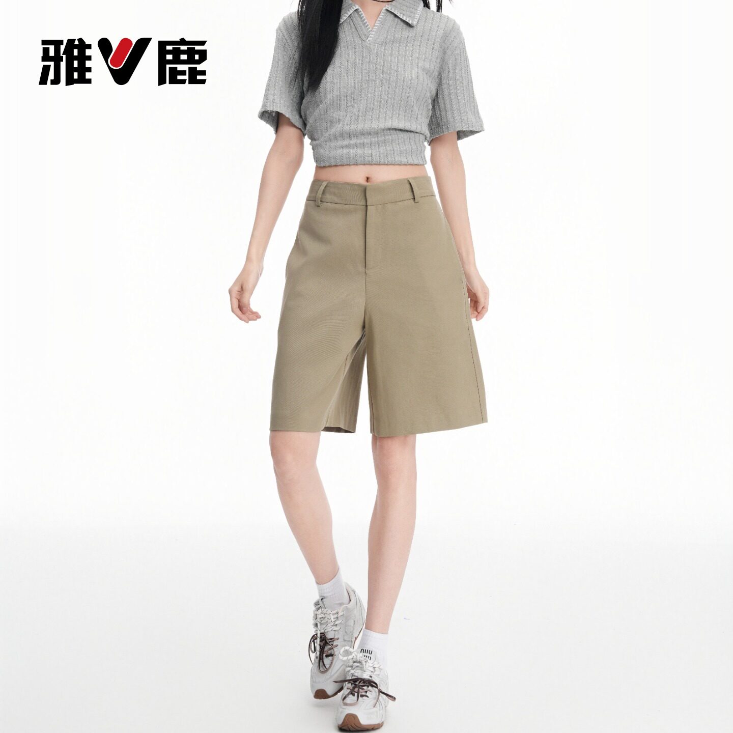 雅鹿卡其绿高腰五分短裤女夏季薄款宽松百搭休闲中裤YM