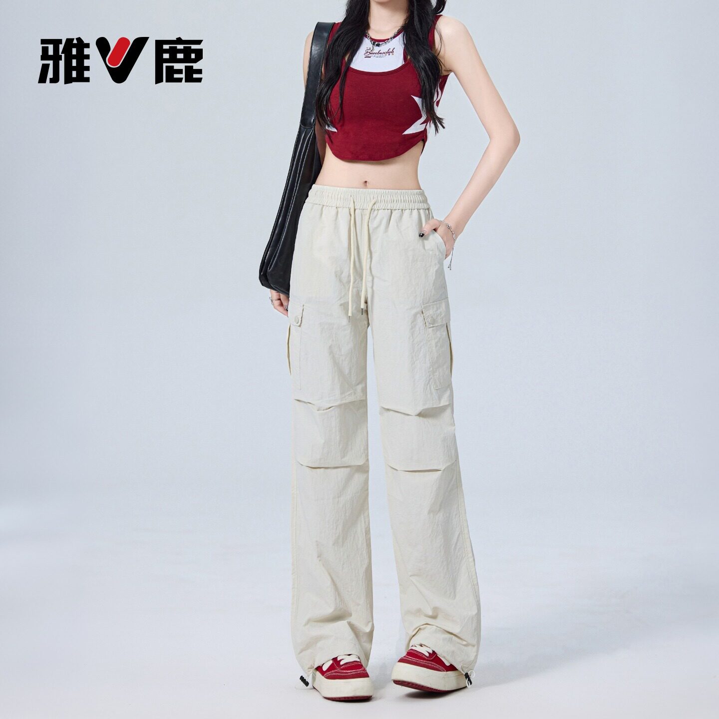 雅鹿杏白色设计感工装伞兵裤女夏季低腰宽松垂感阔腿休闲裤YM